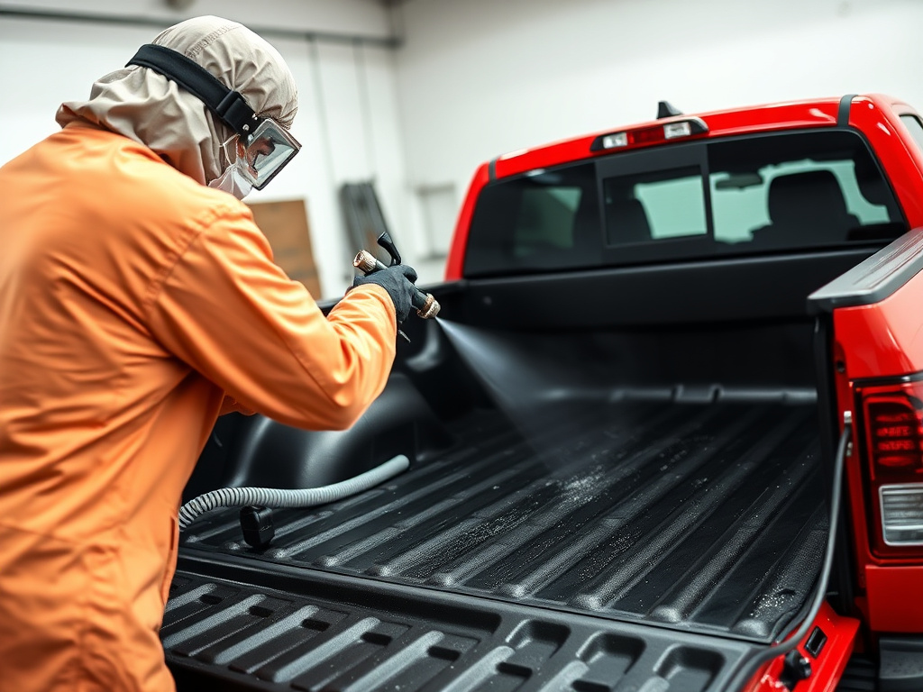 Technician spray-applying polyurea bed liner coating to a truck bed