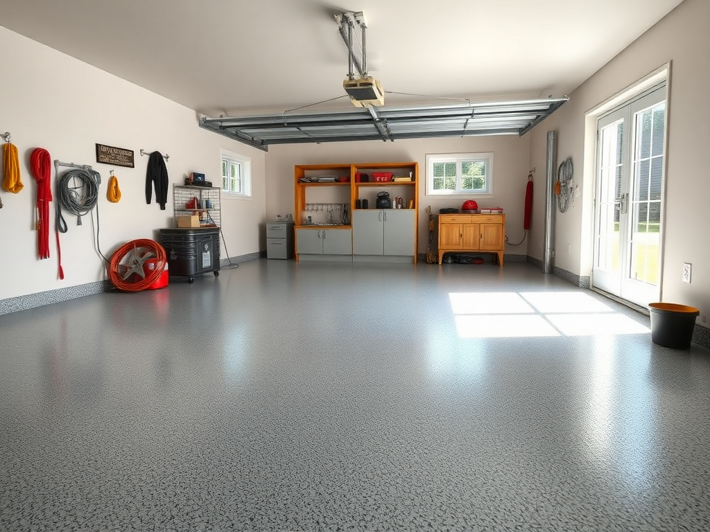 Residential garage floor coated with a polyurea flake floor system