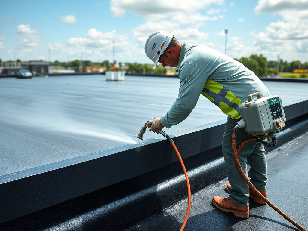 Technician applying polyurea waterproofing membrane coating to a commercial roof