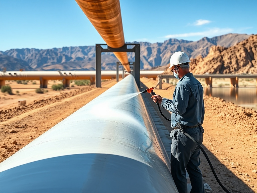 Technician applying polyurea coating to a concrete water infrastructure structure